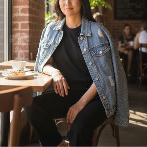 POL Light Blue Pearl-Embellished Denim Jacket